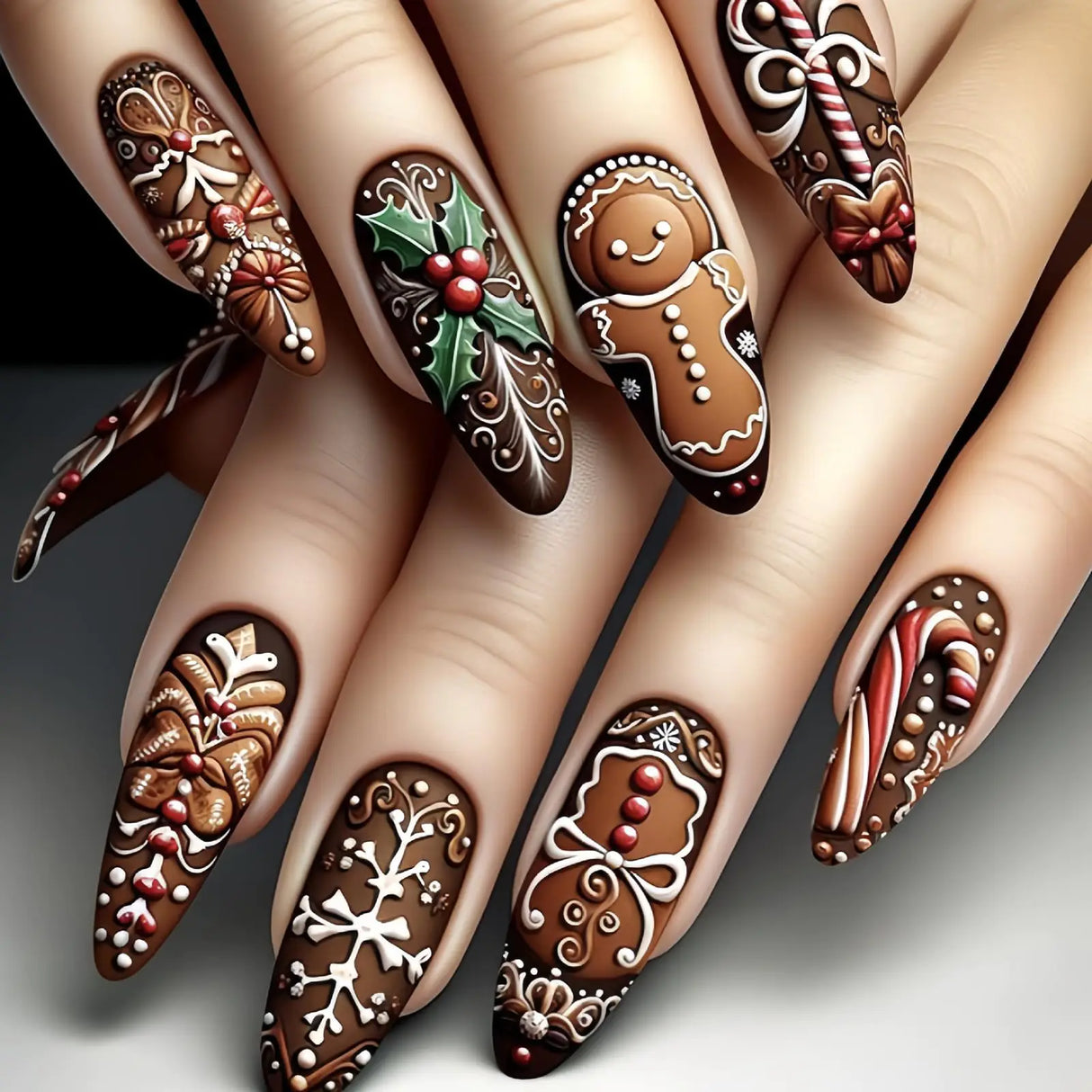 Christmas Press on Nails Almond Fake Nails with Christmas Tree Snowman Candy Brown Christmas Nails Design Christmas Press On Nails For Women Impress Christmas Nails Cute Christmas Nails 24pcs
