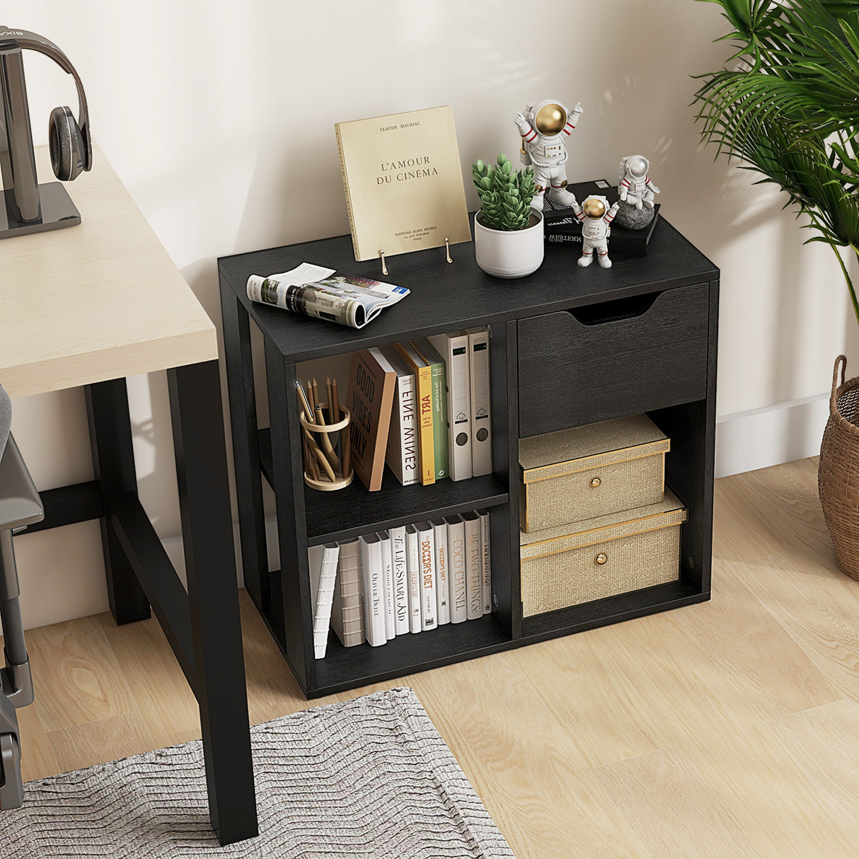 3-Cube Bookcase 2-tier Wooden Storage Shelf with Pull-out Drawer-Black