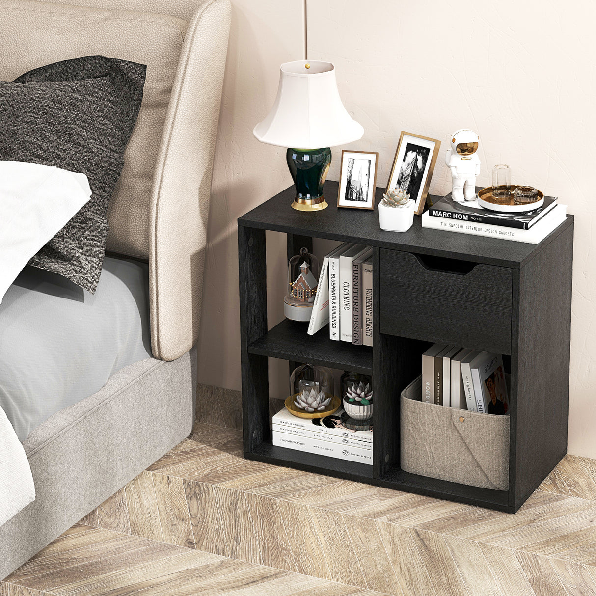 3-Cube Bookcase 2-tier Wooden Storage Shelf with Pull-out Drawer-Black