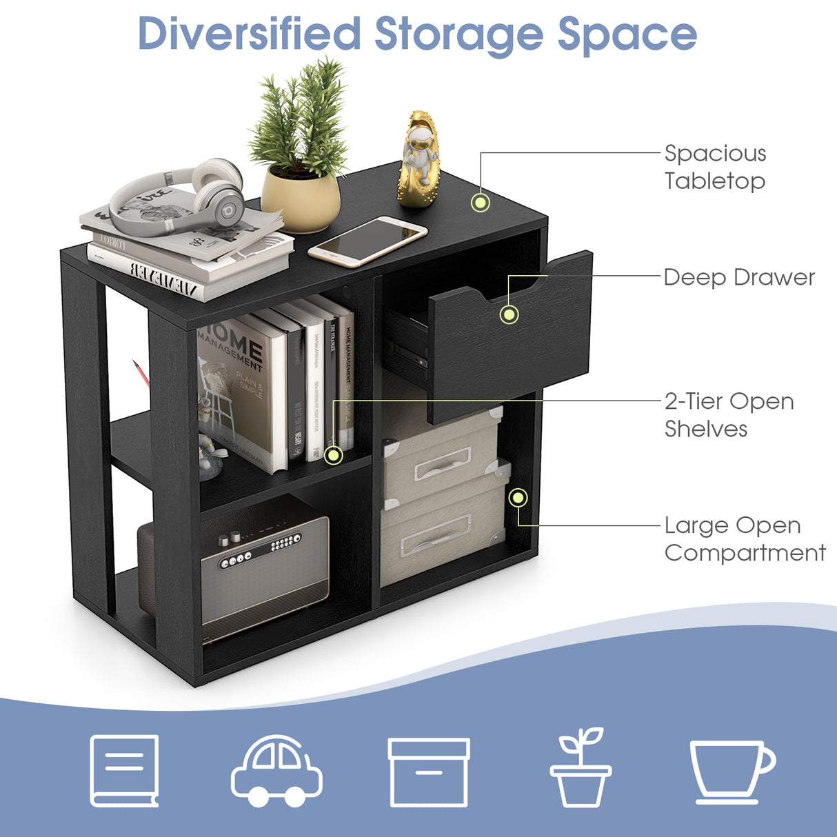 3-Cube Bookcase 2-tier Wooden Storage Shelf with Pull-out Drawer-Black
