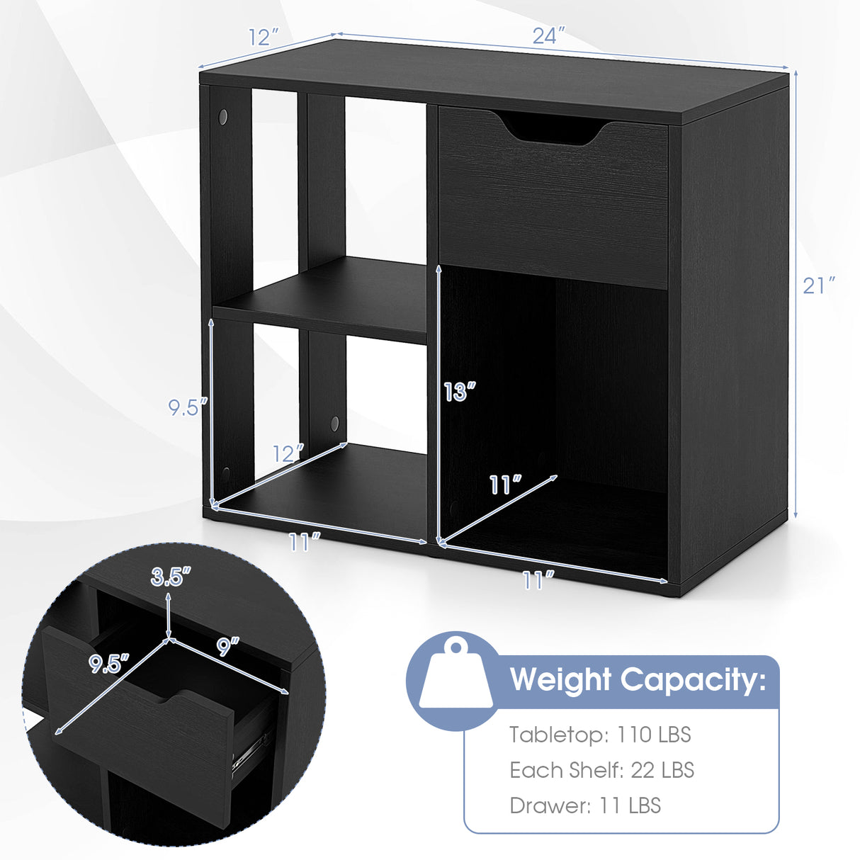 3-Cube Bookcase 2-tier Wooden Storage Shelf with Pull-out Drawer-Black
