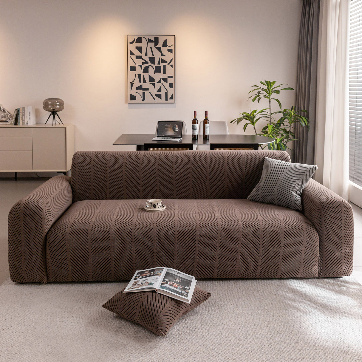 High Stretch Chevron Sofa Cover, Soft Washable Textured Jacquard Slipcover for Couch