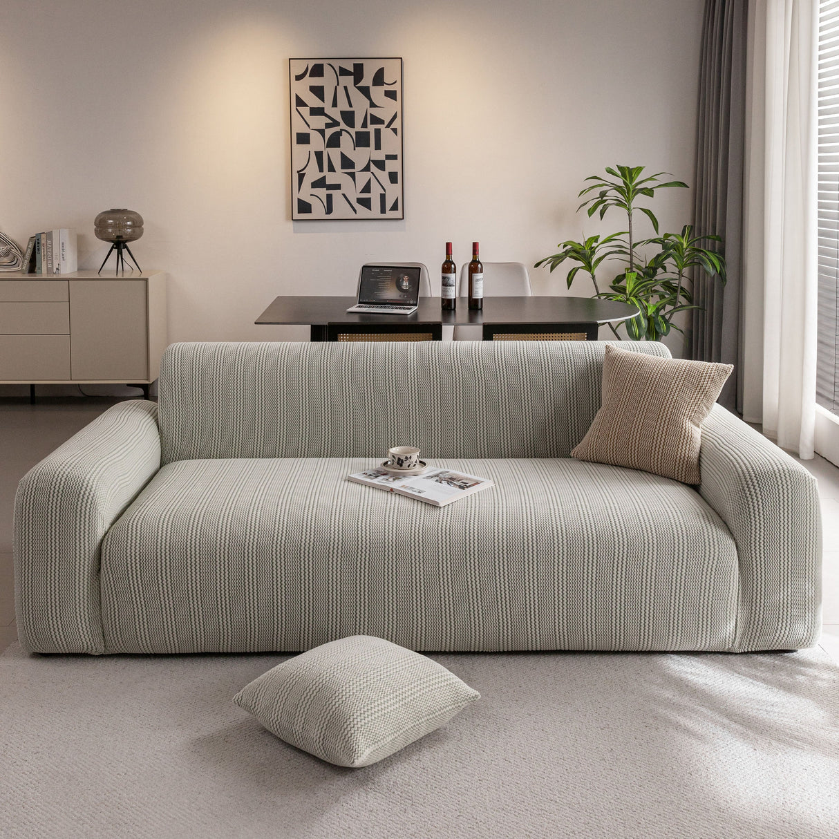 Modern Textured Stretch Sofa Cover, Plush Fleece Sofa Slipcover with 3D Stripe Texture