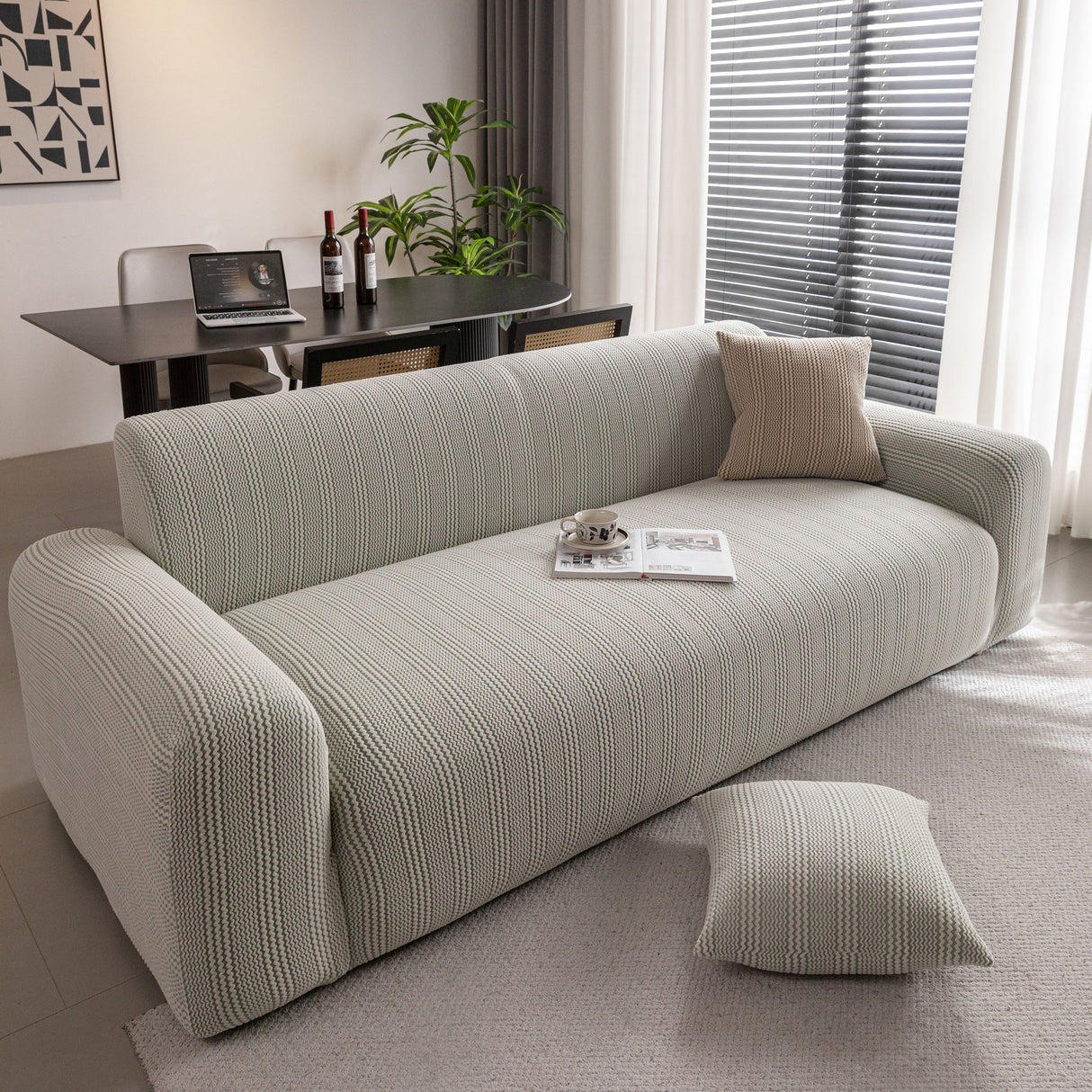Modern Textured Stretch Sofa Cover, Plush Fleece Sofa Slipcover with 3D Stripe Texture