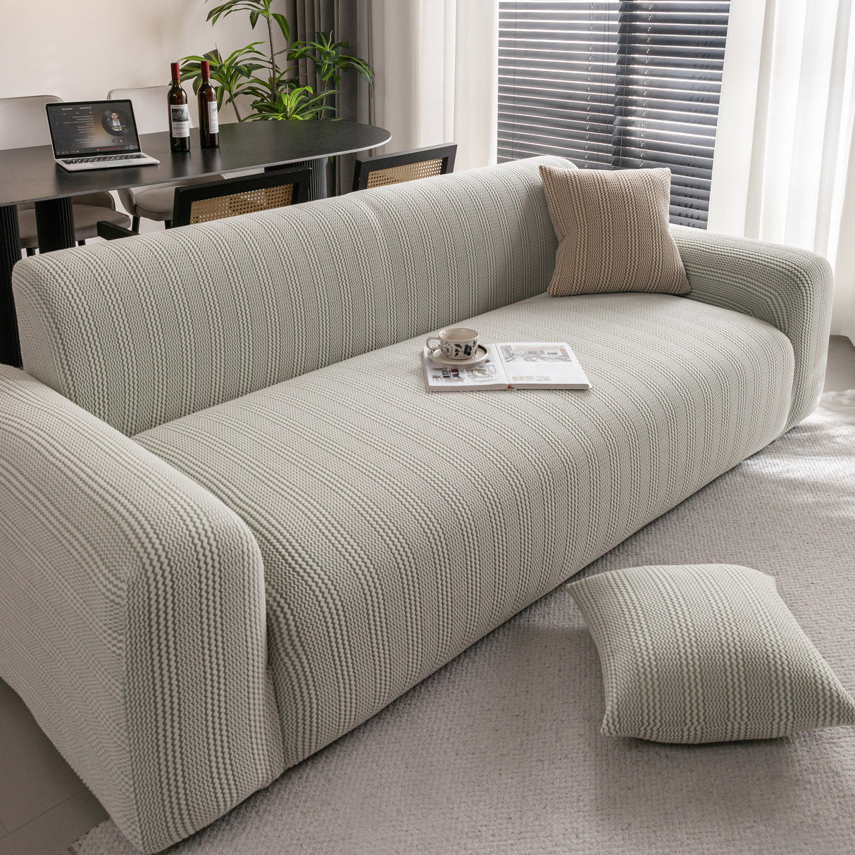 Modern Textured Stretch Sofa Cover, Plush Fleece Sofa Slipcover with 3D Stripe Texture