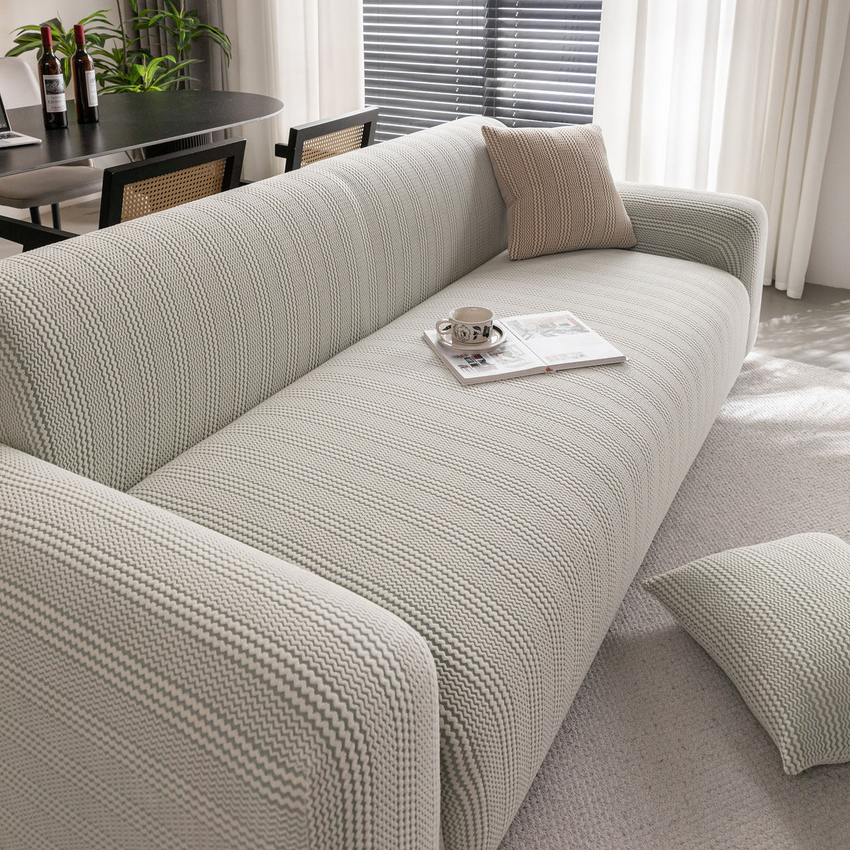 Modern Textured Stretch Sofa Cover, Plush Fleece Sofa Slipcover with 3D Stripe Texture