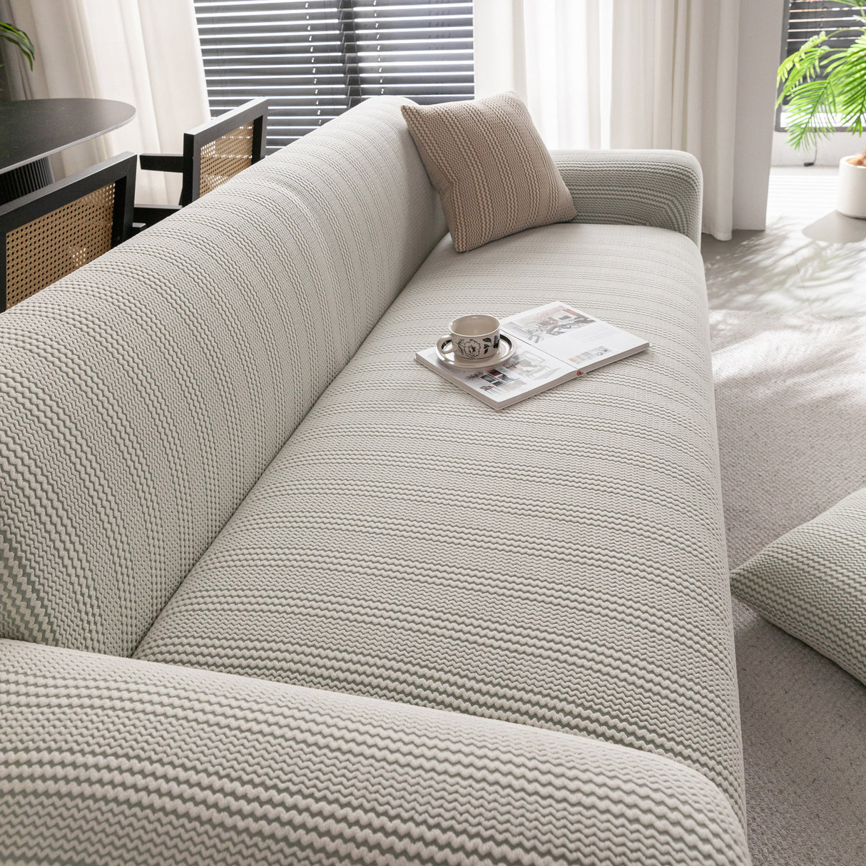 Modern Textured Stretch Sofa Cover, Plush Fleece Sofa Slipcover with 3D Stripe Texture