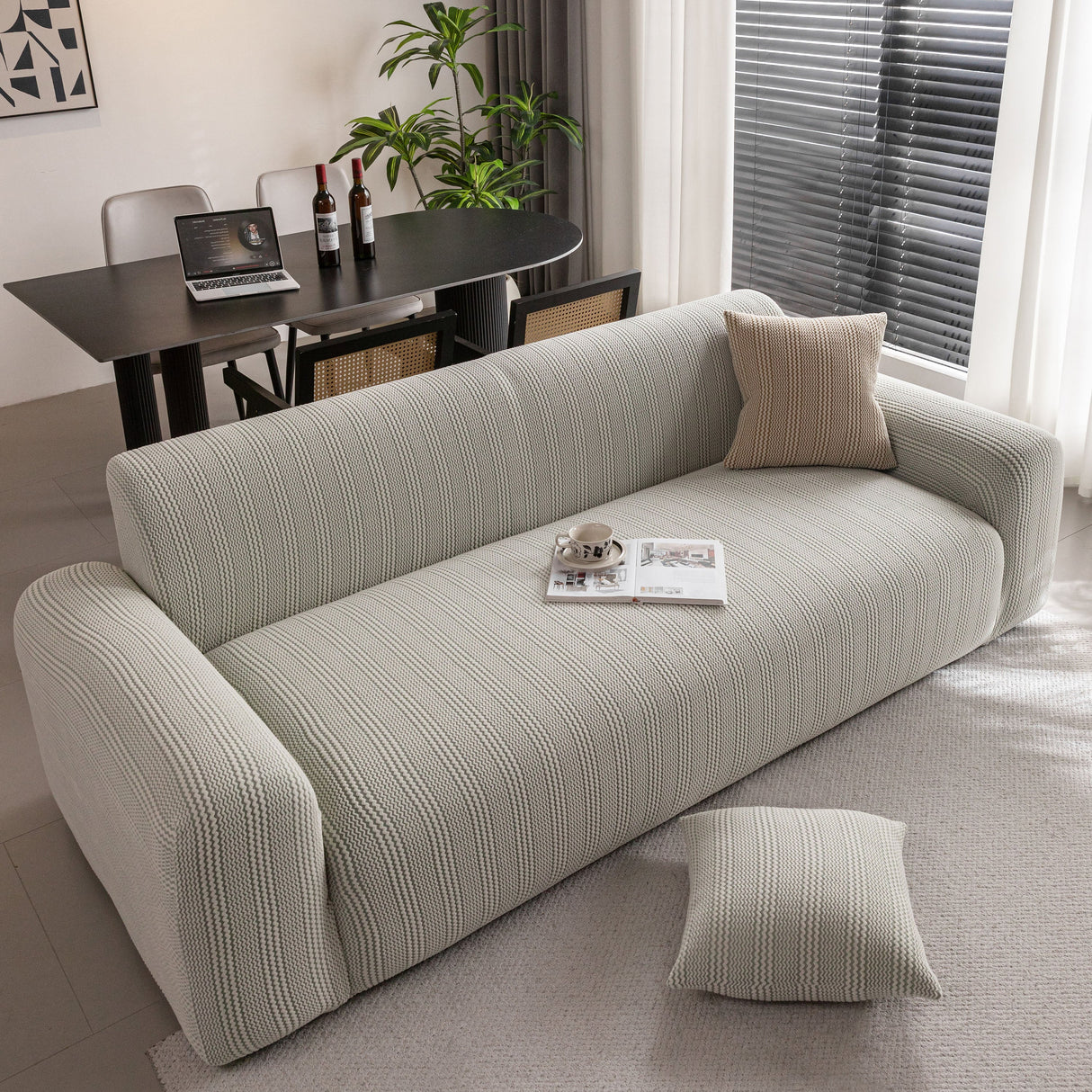 Modern Textured Stretch Sofa Cover, Plush Fleece Sofa Slipcover with 3D Stripe Texture