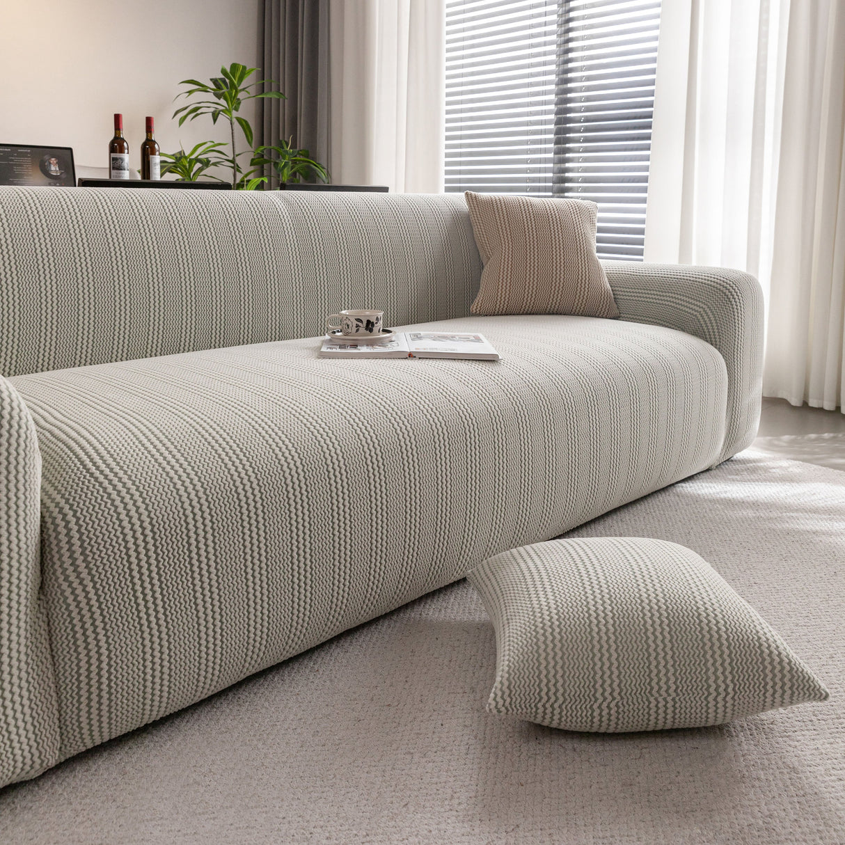 Modern Textured Stretch Sofa Cover, Plush Fleece Sofa Slipcover with 3D Stripe Texture
