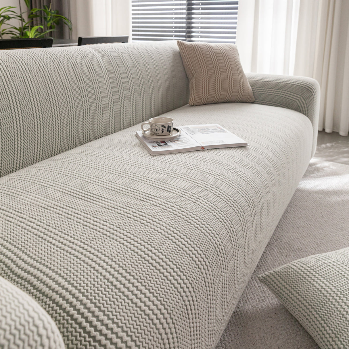 Modern Textured Stretch Sofa Cover, Plush Fleece Sofa Slipcover with 3D Stripe Texture