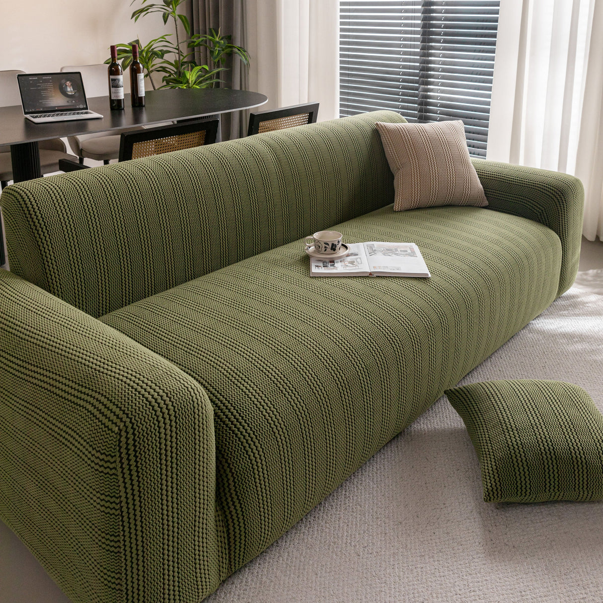 Modern Textured Stretch Sofa Cover, Plush Fleece Sofa Slipcover with 3D Stripe Texture