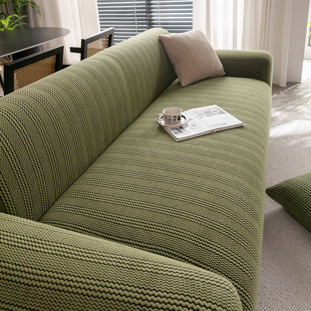 Modern Textured Stretch Sofa Cover, Plush Fleece Sofa Slipcover with 3D Stripe Texture
