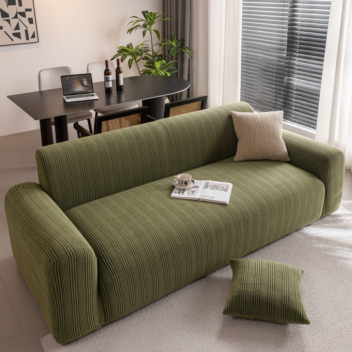 Modern Textured Stretch Sofa Cover, Plush Fleece Sofa Slipcover with 3D Stripe Texture