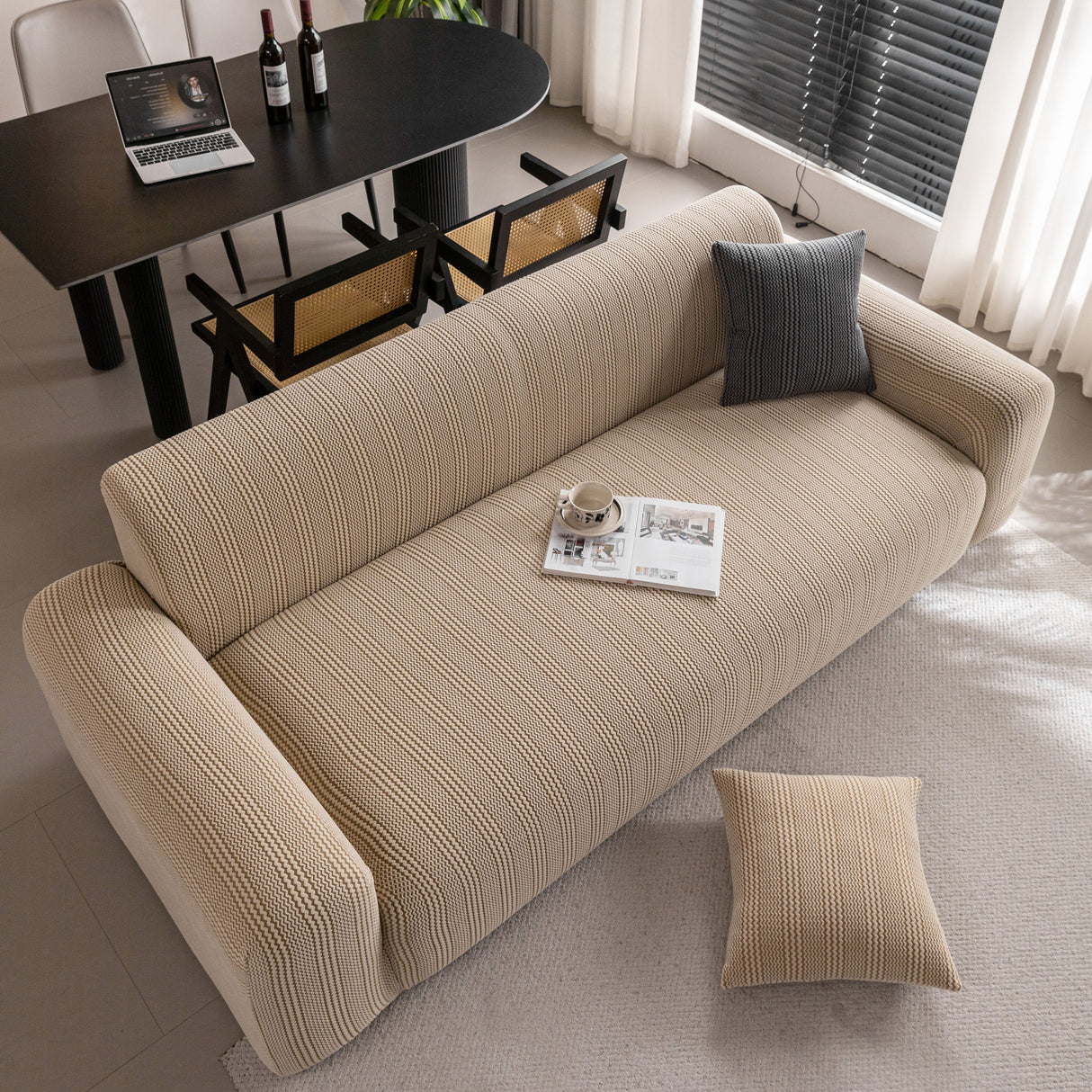 Modern Textured Stretch Sofa Cover, Plush Fleece Sofa Slipcover with 3D Stripe Texture