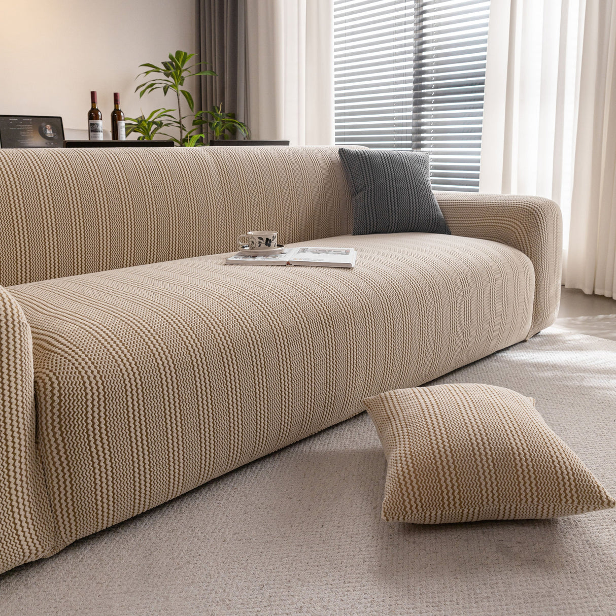 Modern Textured Stretch Sofa Cover, Plush Fleece Sofa Slipcover with 3D Stripe Texture