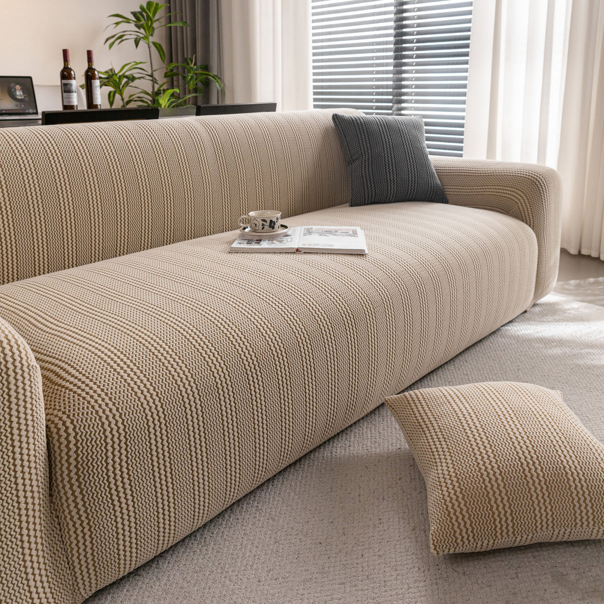 Modern Textured Stretch Sofa Cover, Plush Fleece Sofa Slipcover with 3D Stripe Texture
