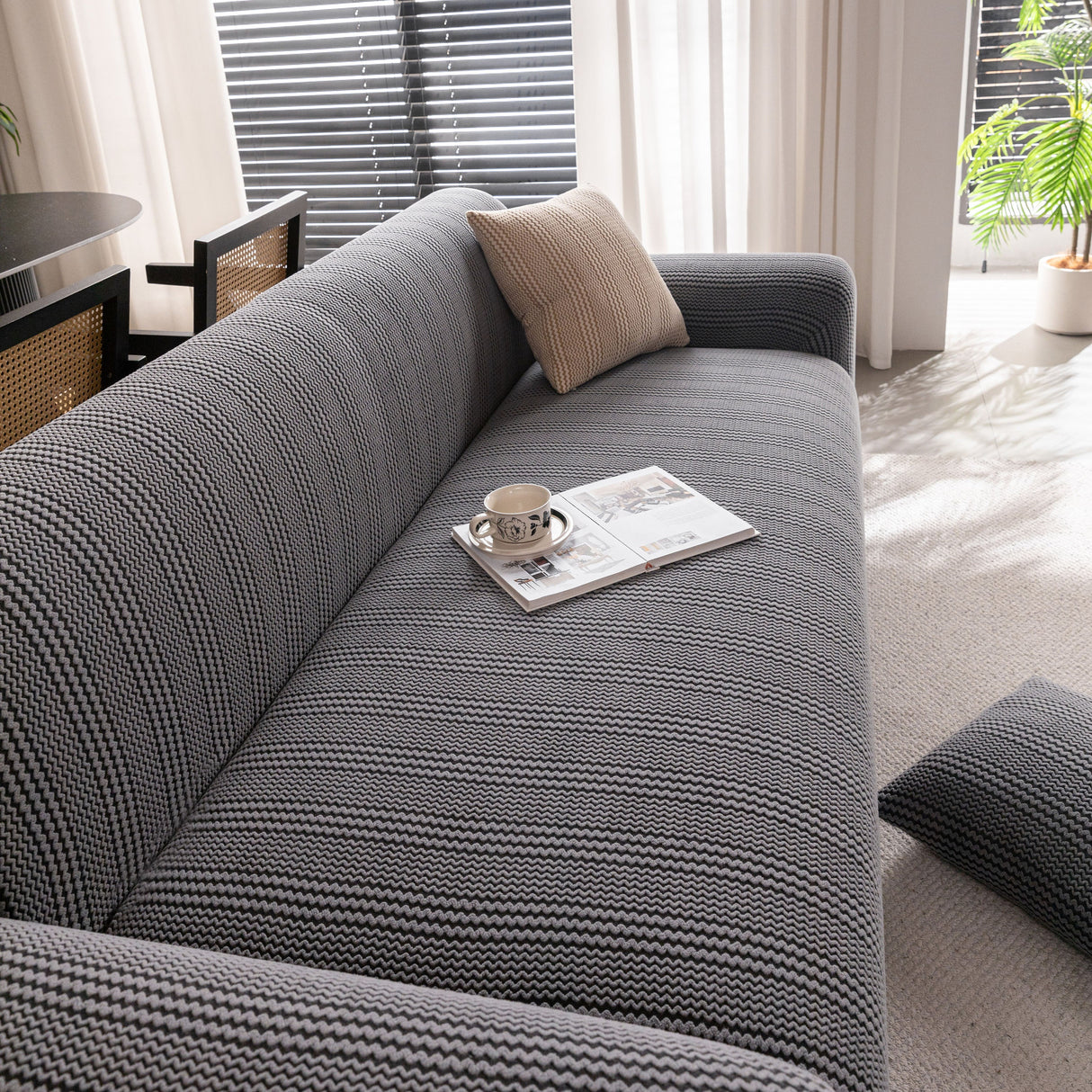 Modern Textured Stretch Sofa Cover, Plush Fleece Sofa Slipcover with 3D Stripe Texture