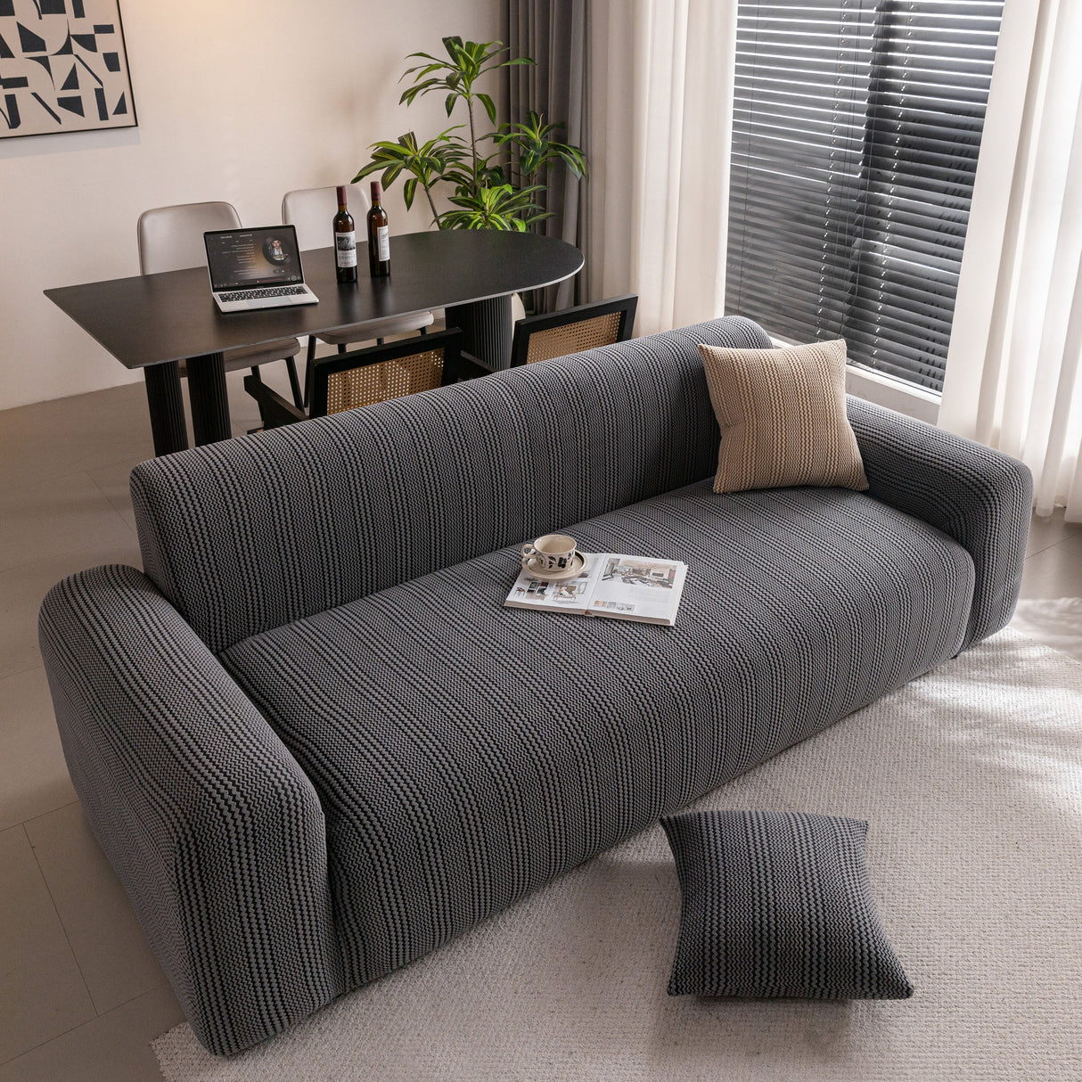 Modern Textured Stretch Sofa Cover, Plush Fleece Sofa Slipcover with 3D Stripe Texture