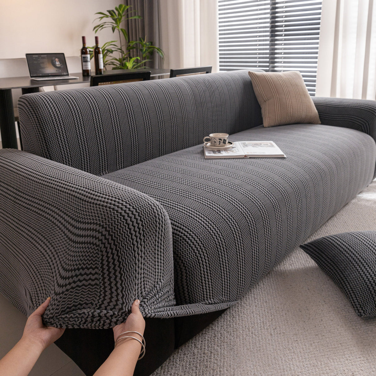 Modern Textured Stretch Sofa Cover, Plush Fleece Sofa Slipcover with 3D Stripe Texture