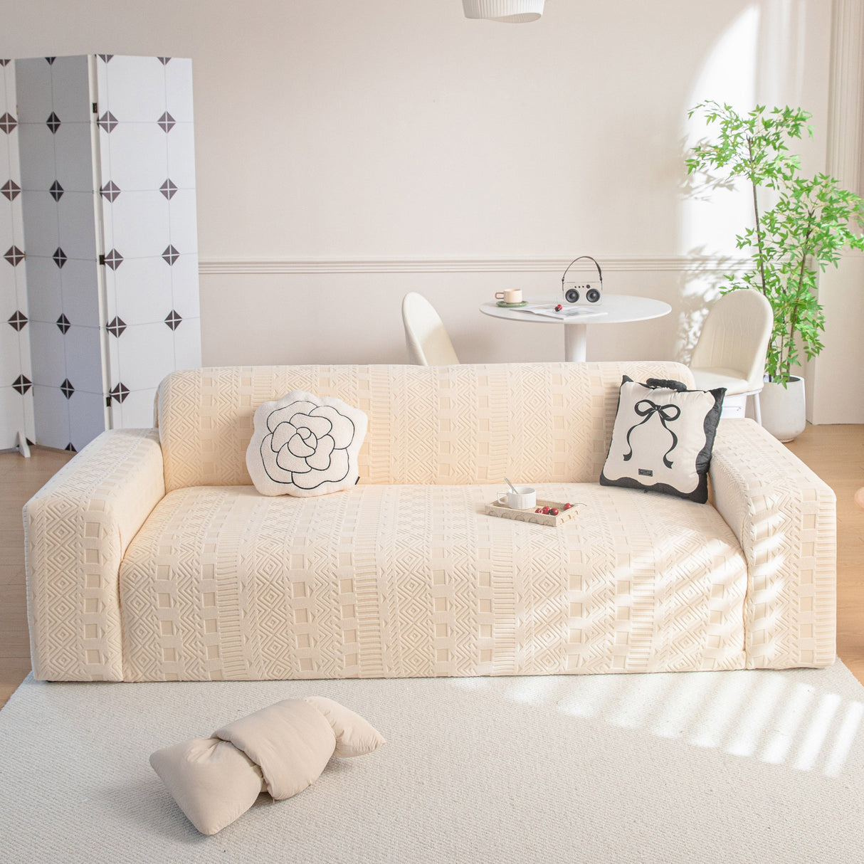 High Stretch Embossed Geometric Slipcover for Couch, Cozy Plush Fleece Couch Cover