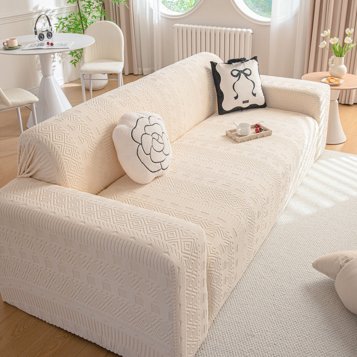 High Stretch Embossed Geometric Slipcover for Couch, Cozy Plush Fleece Couch Cover