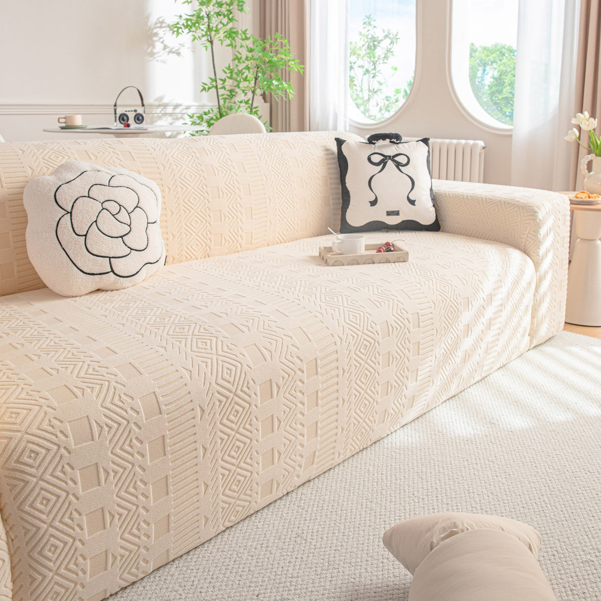 High Stretch Embossed Geometric Slipcover for Couch, Cozy Plush Fleece Couch Cover