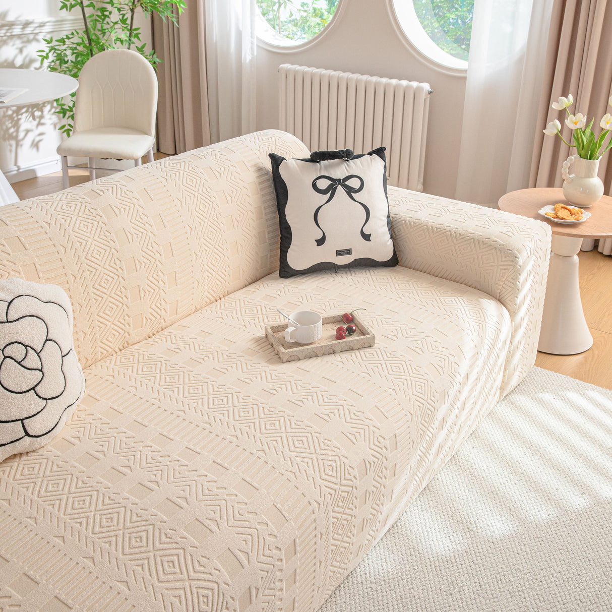 High Stretch Embossed Geometric Slipcover for Couch, Cozy Plush Fleece Couch Cover