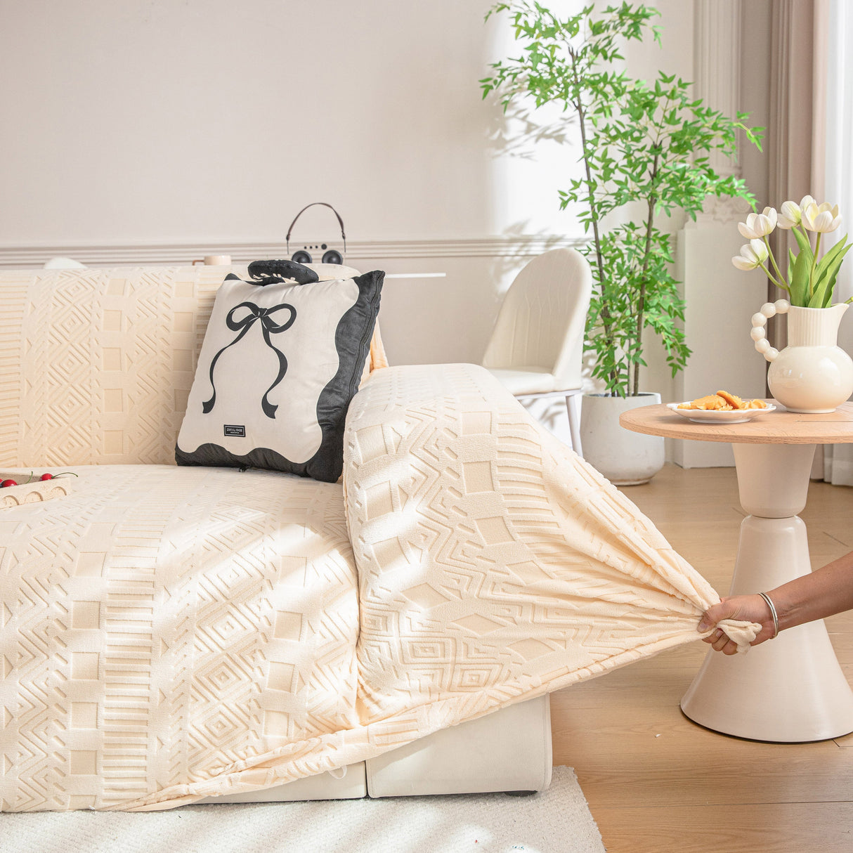 High Stretch Embossed Geometric Slipcover for Couch, Cozy Plush Fleece Couch Cover