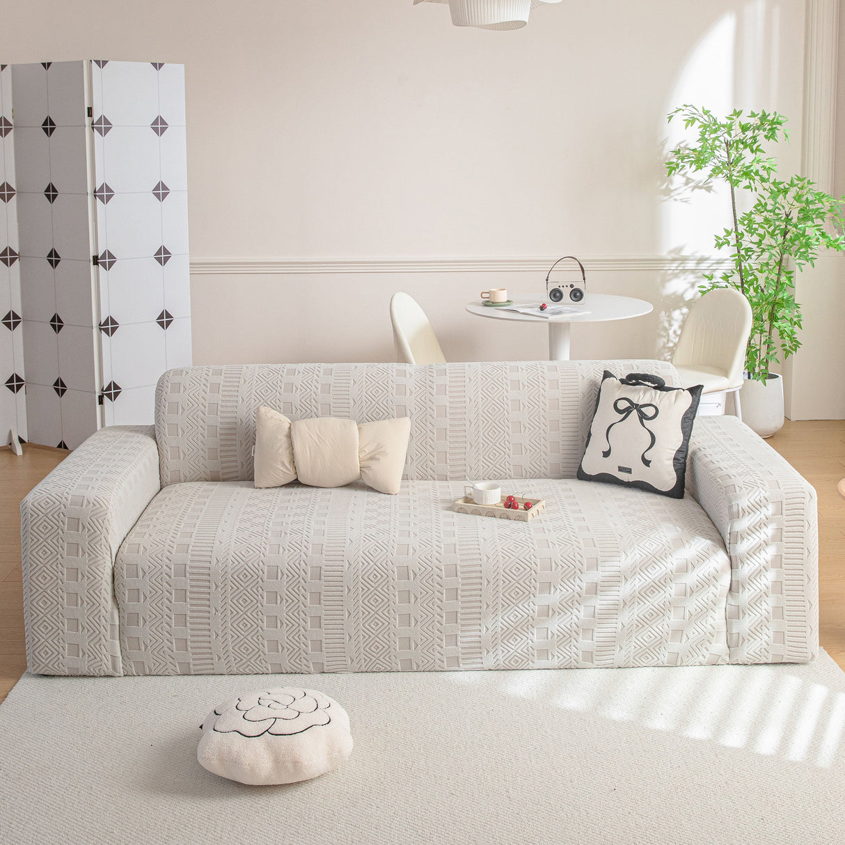 High Stretch Embossed Geometric Slipcover for Couch, Cozy Plush Fleece Couch Cover