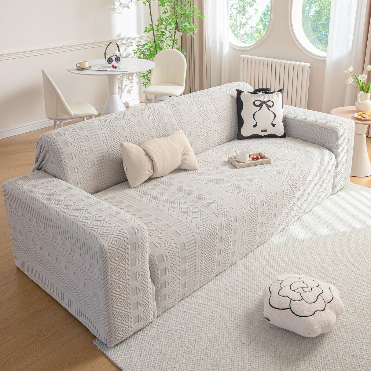 High Stretch Embossed Geometric Slipcover for Couch, Cozy Plush Fleece Couch Cover