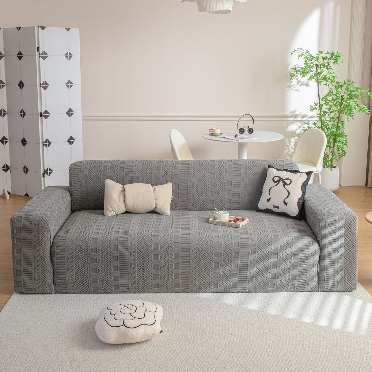 High Stretch Embossed Geometric Slipcover for Couch, Cozy Plush Fleece Couch Cover