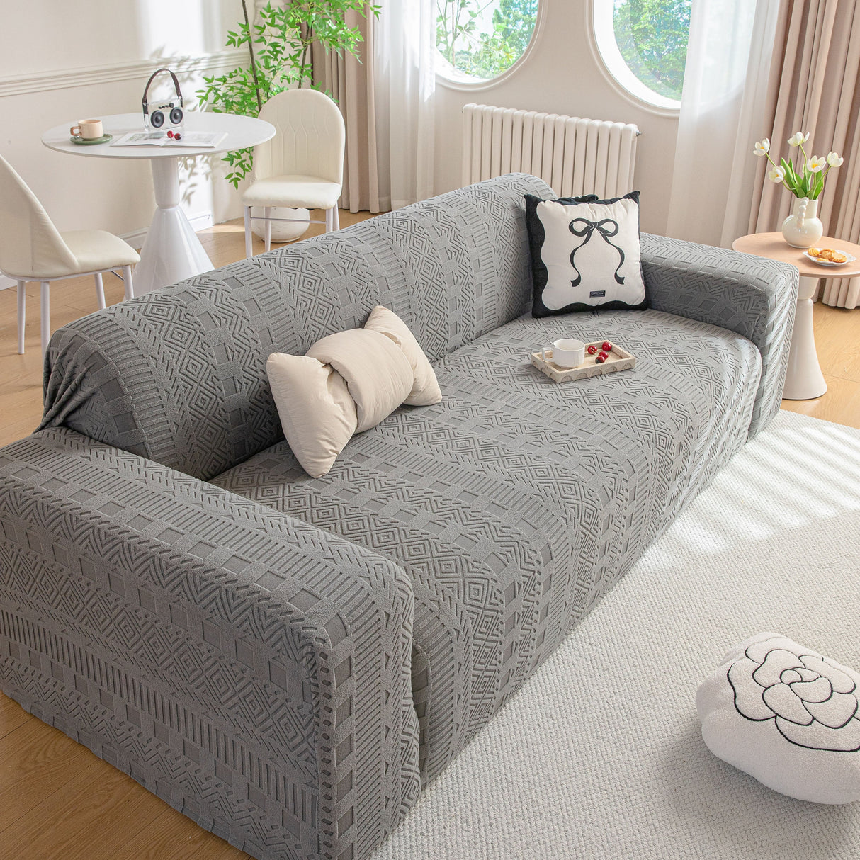 High Stretch Embossed Geometric Slipcover for Couch, Cozy Plush Fleece Couch Cover