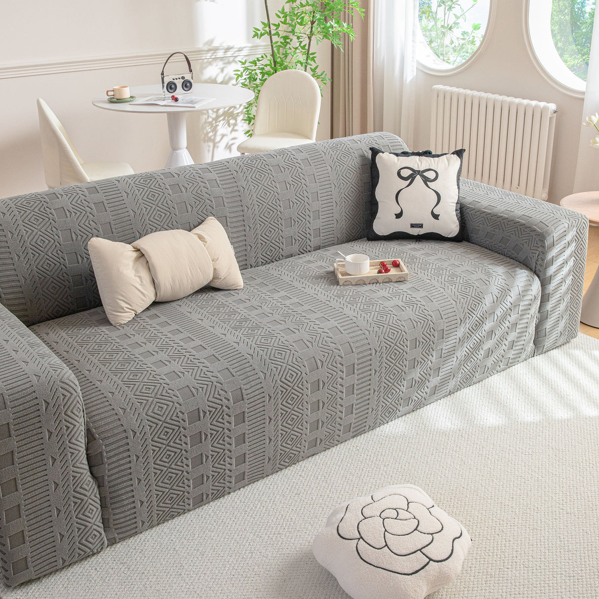 High Stretch Embossed Geometric Slipcover for Couch, Cozy Plush Fleece Couch Cover