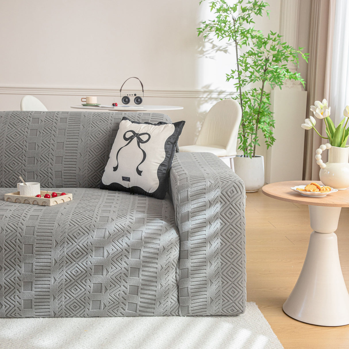 High Stretch Embossed Geometric Slipcover for Couch, Cozy Plush Fleece Couch Cover