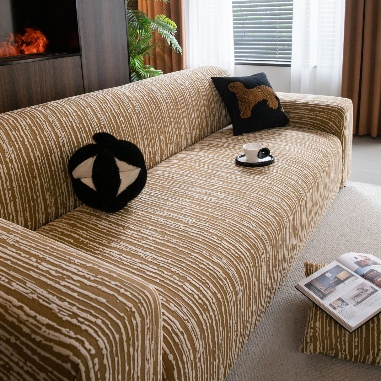 High Stretch Couch Slipcover with Abstract Stripe, Washable Non-Slip Cover for Dogs