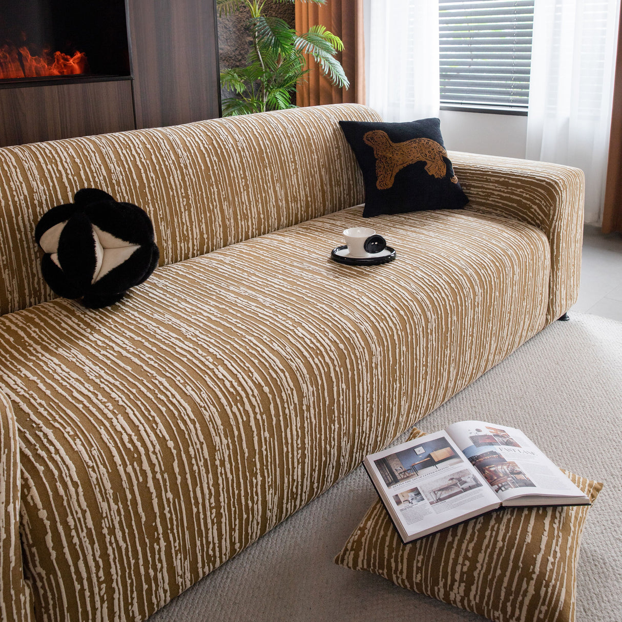 High Stretch Couch Slipcover with Abstract Stripe, Washable Non-Slip Cover for Dogs