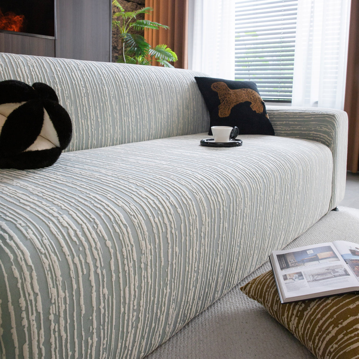 High Stretch Couch Slipcover with Abstract Stripe, Washable Non-Slip Cover for Dogs