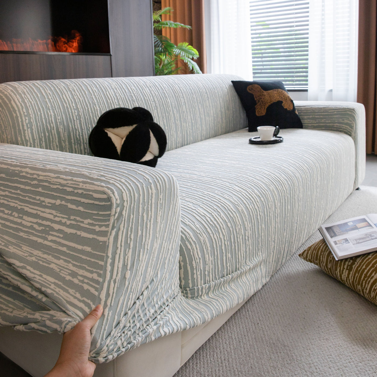 High Stretch Couch Slipcover with Abstract Stripe, Washable Non-Slip Cover for Dogs