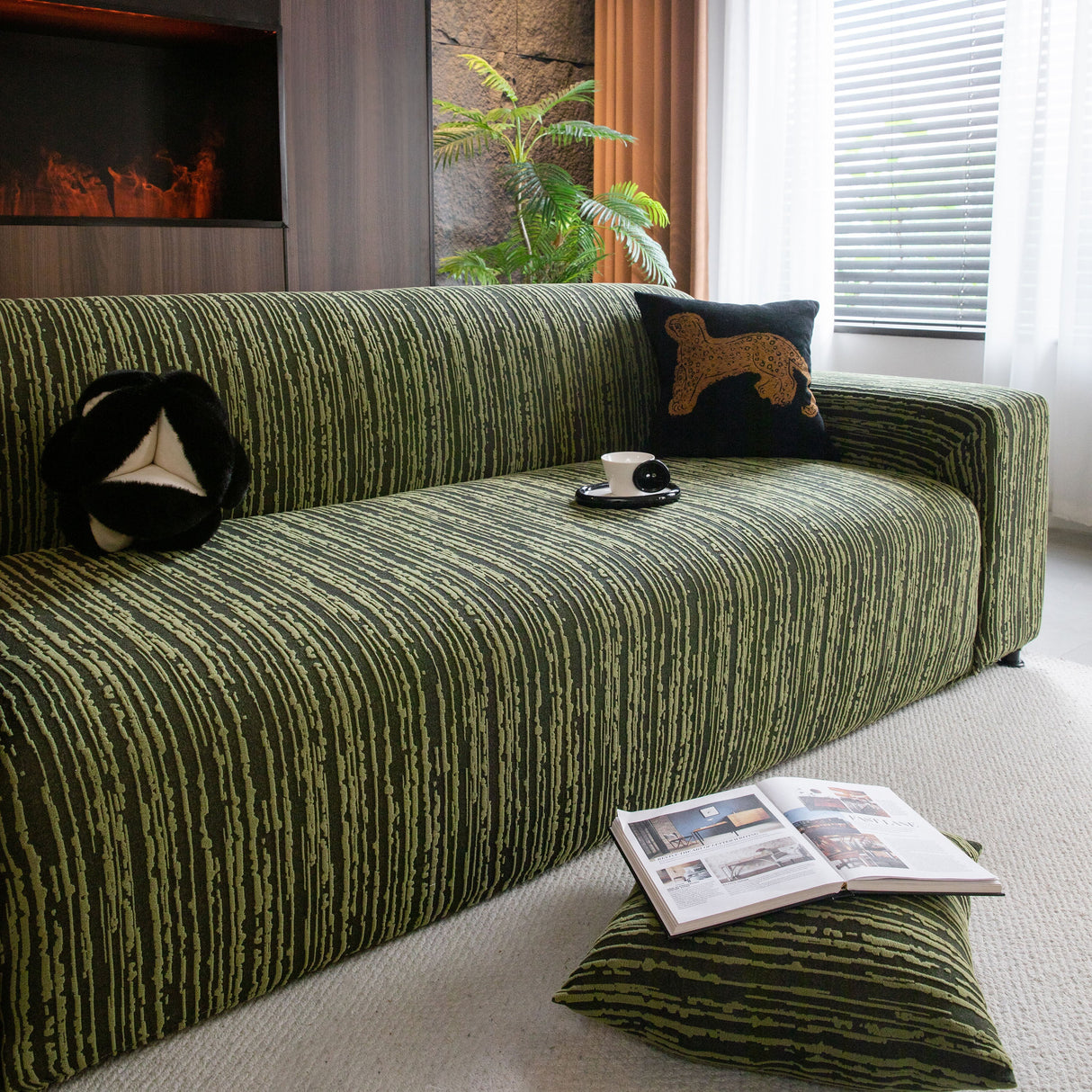 High Stretch Couch Slipcover with Abstract Stripe, Washable Non-Slip Cover for Dogs