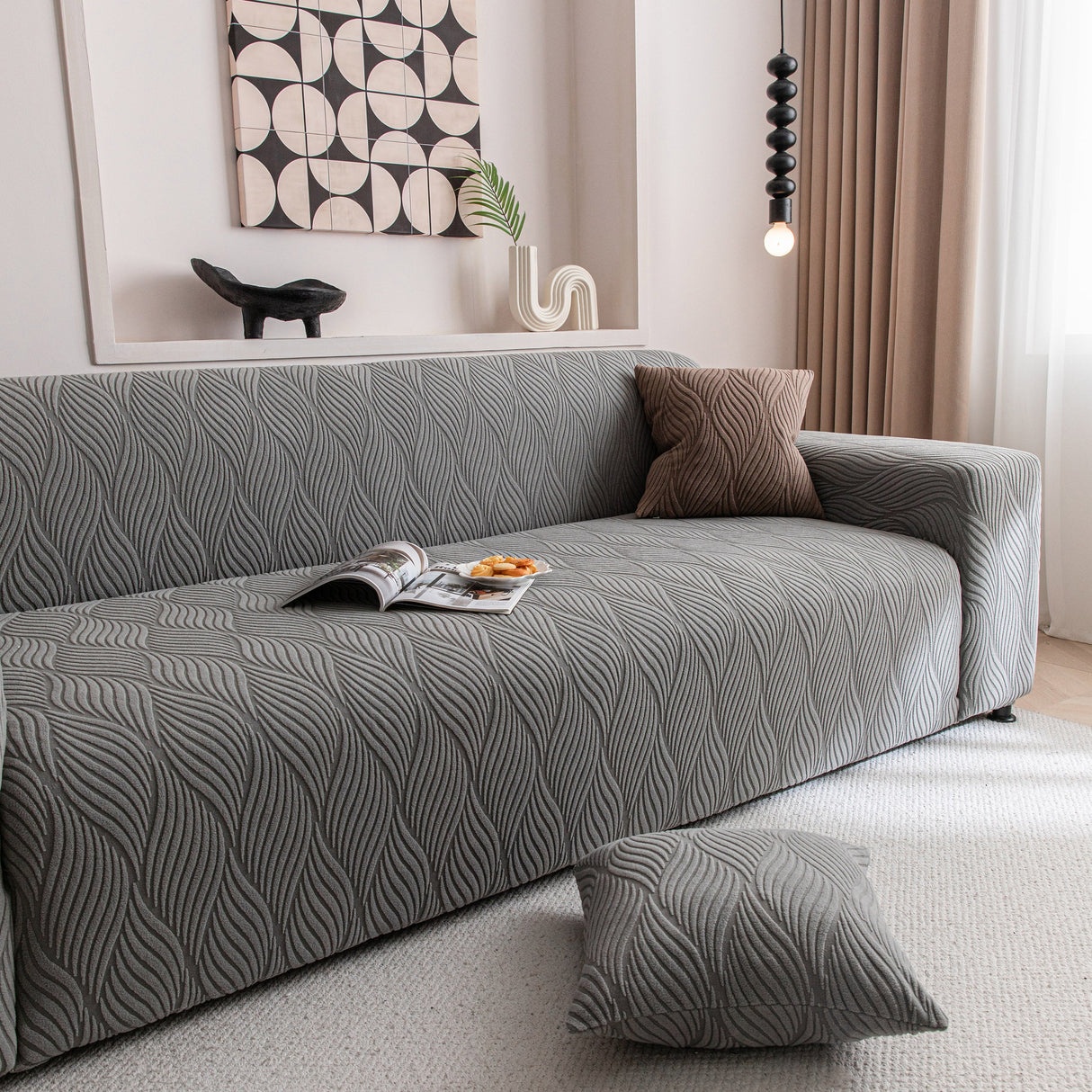 Modern Wavy Jacquard Sofa Slipcover, High Stretch Sofa Cover with 3D Organic Texture