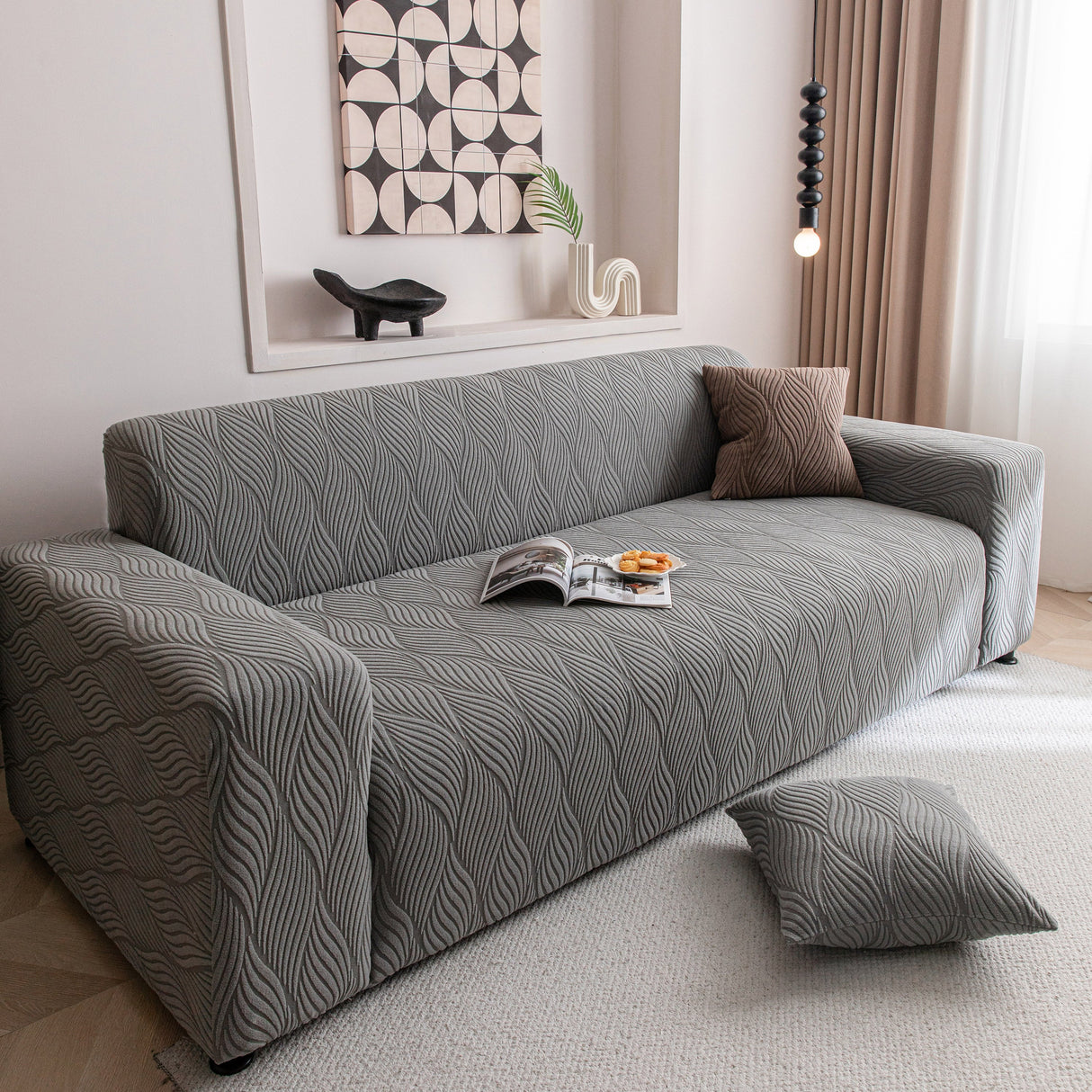 Modern Wavy Jacquard Sofa Slipcover, High Stretch Sofa Cover with 3D Organic Texture