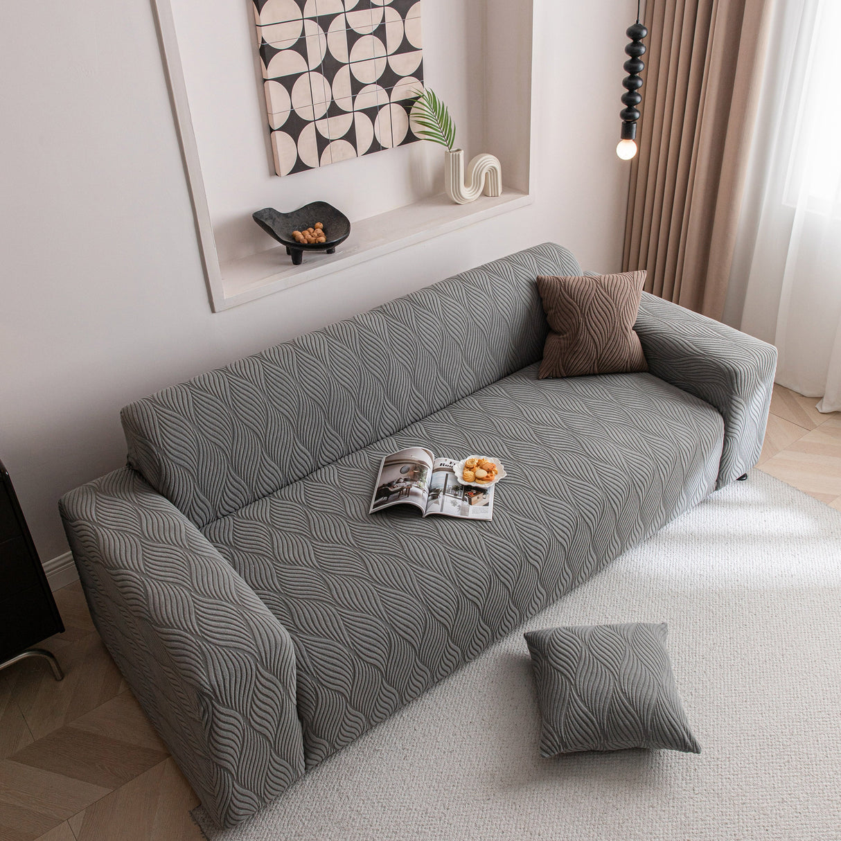 Modern Wavy Jacquard Sofa Slipcover, High Stretch Sofa Cover with 3D Organic Texture