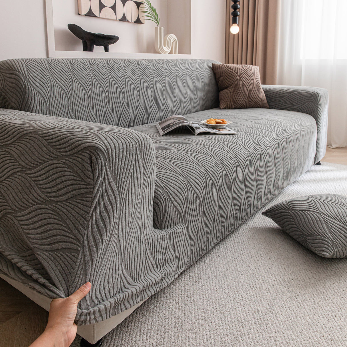 Modern Wavy Jacquard Sofa Slipcover, High Stretch Sofa Cover with 3D Organic Texture