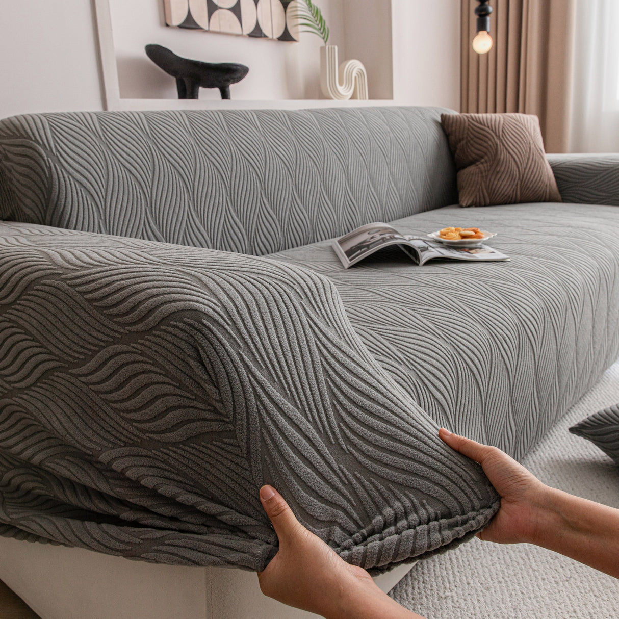Modern Wavy Jacquard Sofa Slipcover, High Stretch Sofa Cover with 3D Organic Texture
