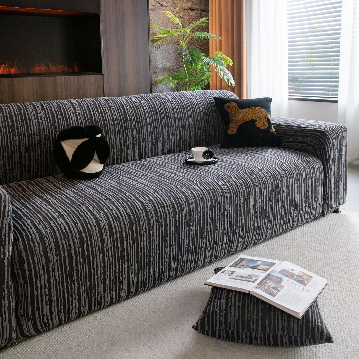 High Stretch Couch Slipcover with Abstract Stripe, Washable Non-Slip Cover for Dogs