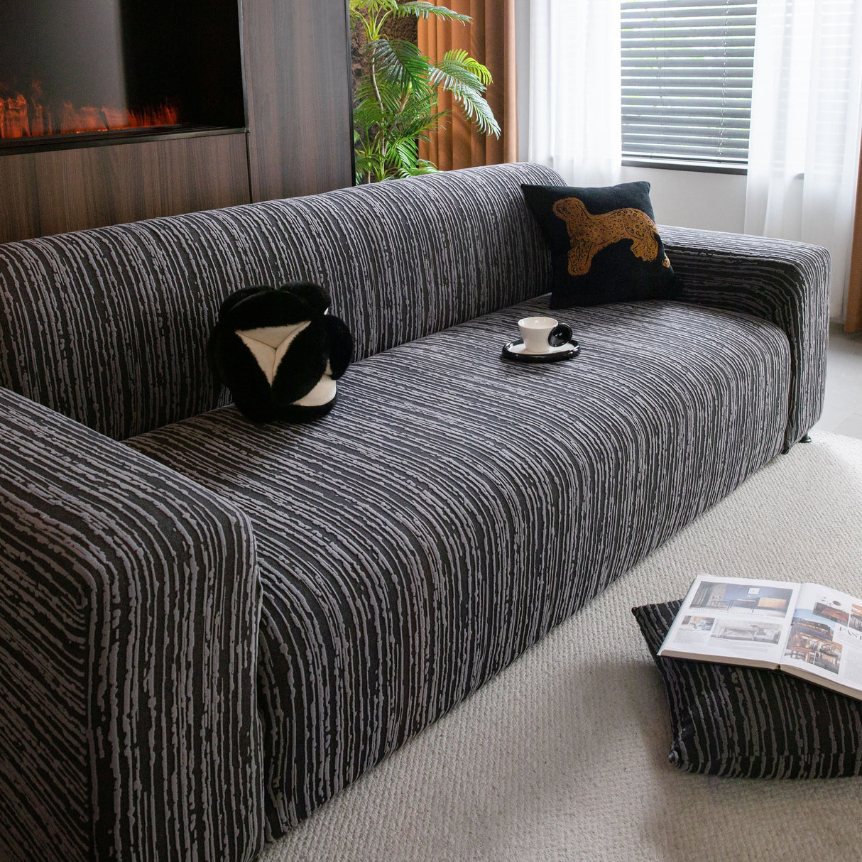 High Stretch Couch Slipcover with Abstract Stripe, Washable Non-Slip Cover for Dogs