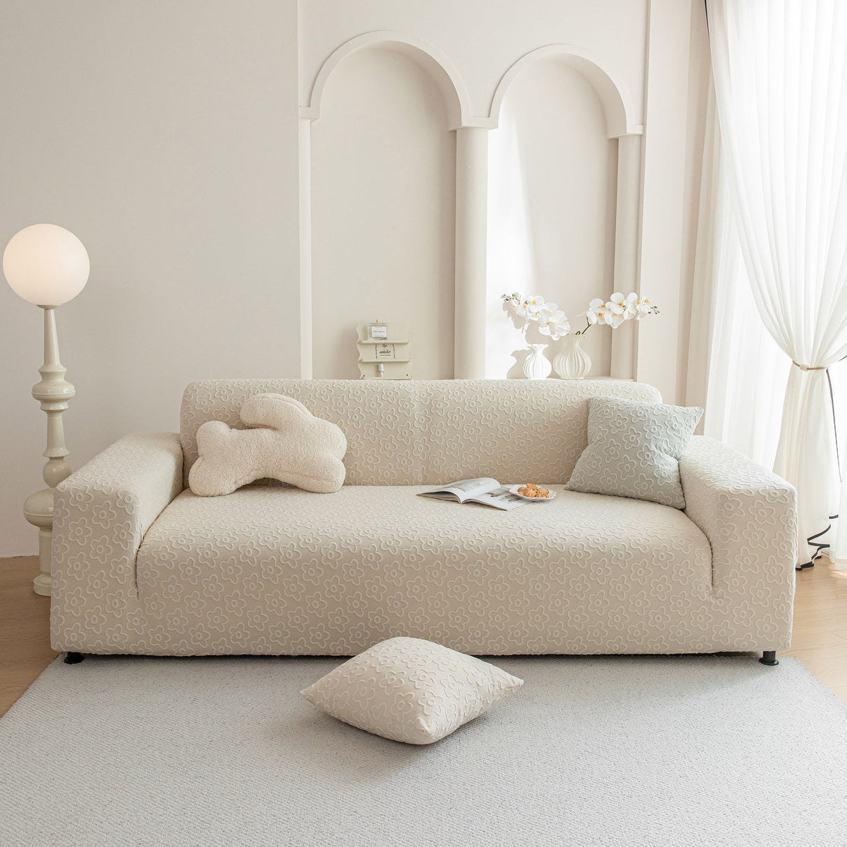 High Stretch Jacquard Sofa Slipcover, Soft Spandex Textured Floral Couch Cover