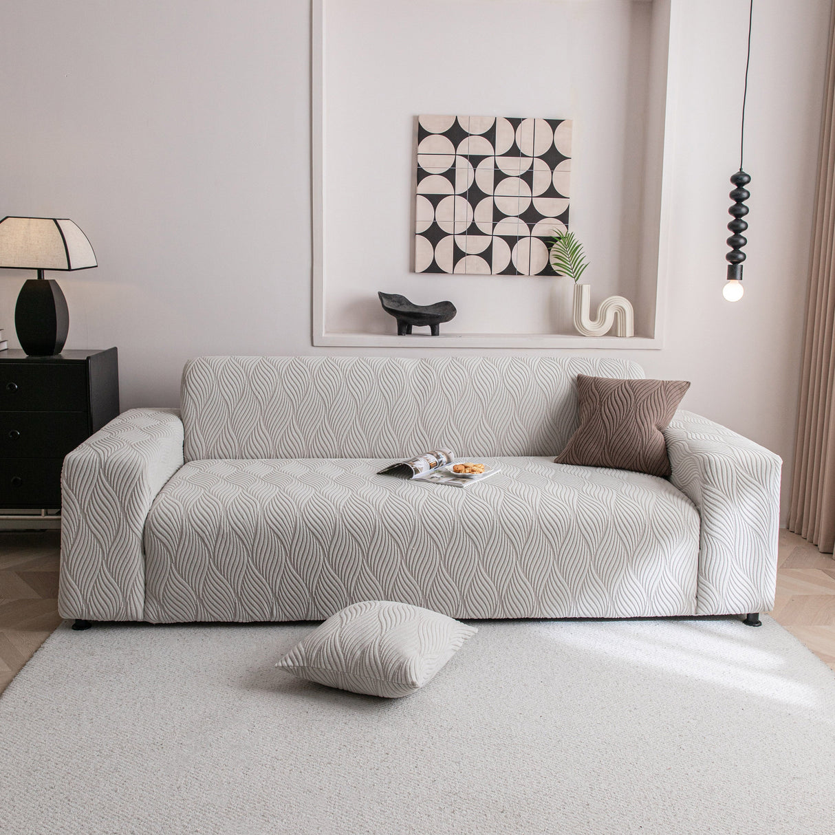 Modern Wavy Jacquard Sofa Slipcover, High Stretch Sofa Cover with 3D Organic Texture