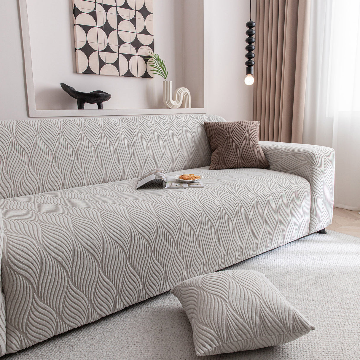 Modern Wavy Jacquard Sofa Slipcover, High Stretch Sofa Cover with 3D Organic Texture