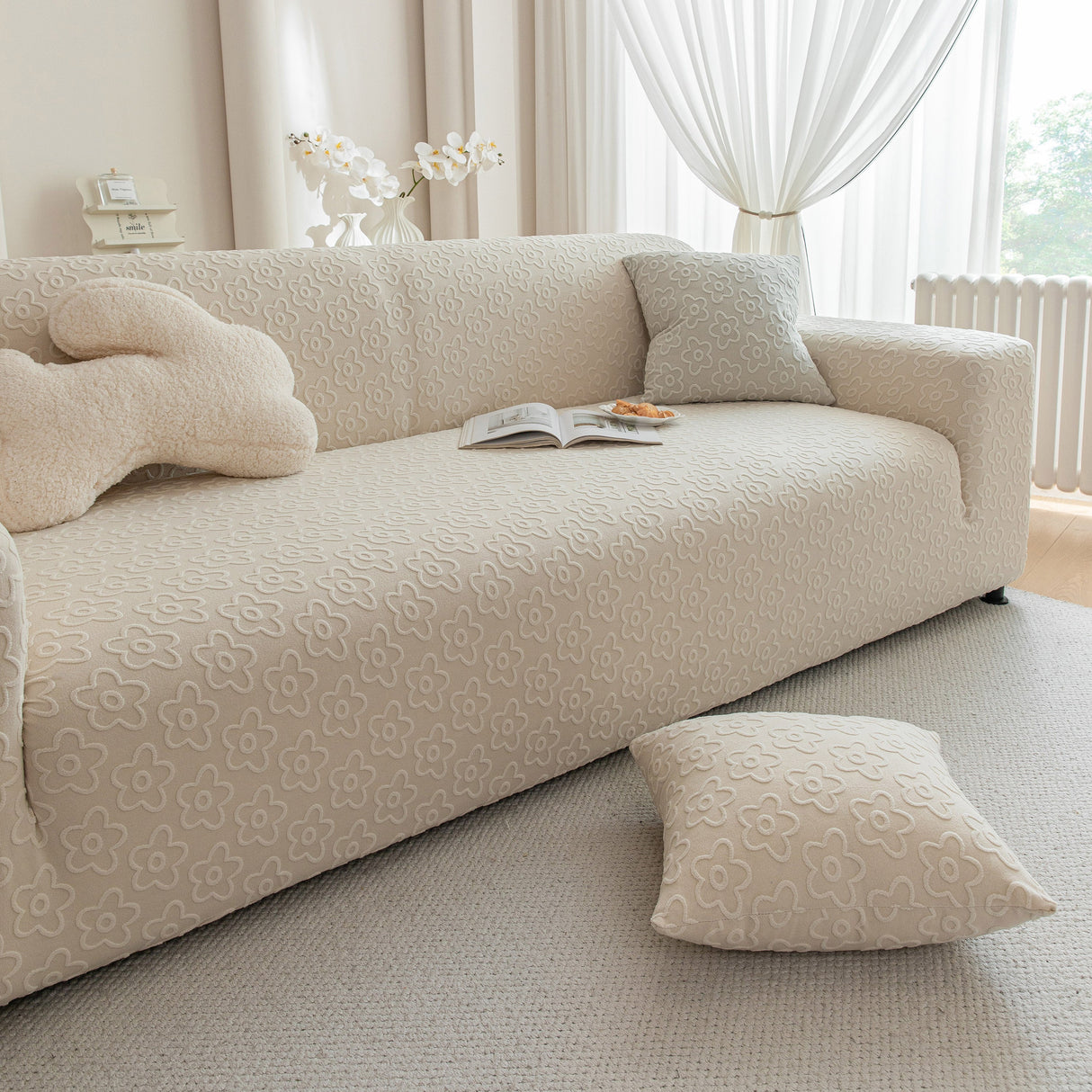 High Stretch Jacquard Sofa Slipcover, Soft Spandex Textured Floral Couch Cover